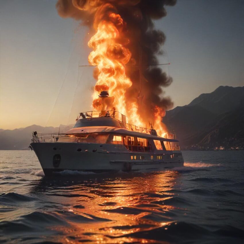 Yacht Fire Force Tourists into the Sea off the Coast of Marmaris in Turkey